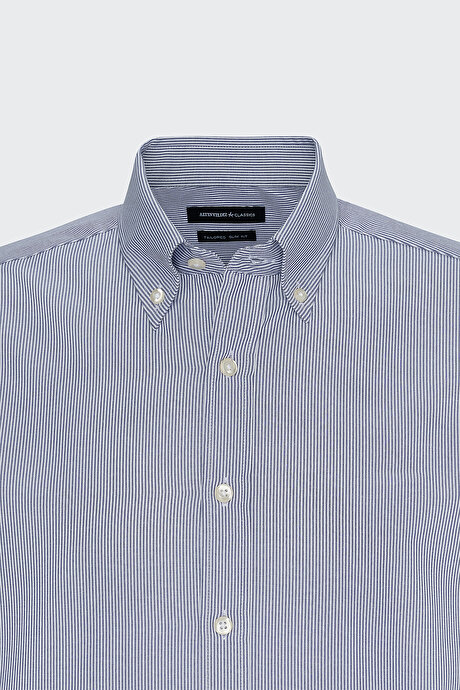 Slim Fit Dar Kesim Düğmeli Yaka Çizgili Beyaz-Mavi Gömlek resmi