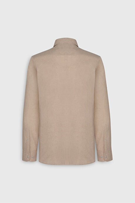 Slim Fit Dar Kesim Düğmeli Yaka %100 Pamuk Bej Gömlek resmi