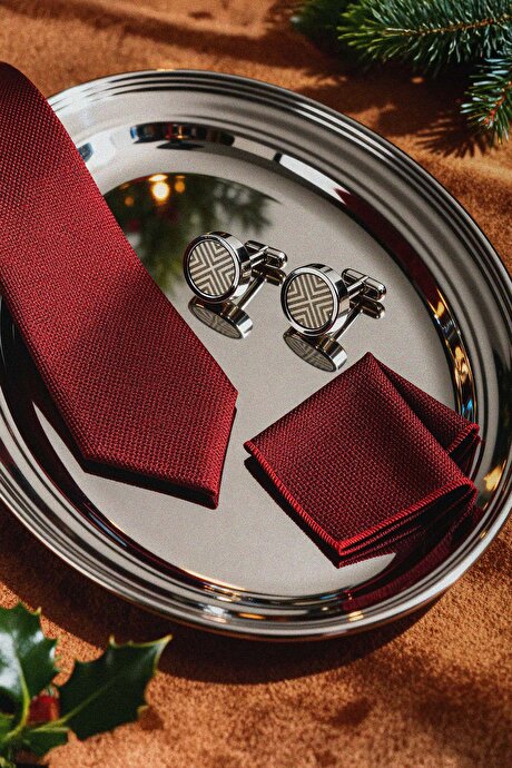 Kravat-Mendil Bordo Set resmi