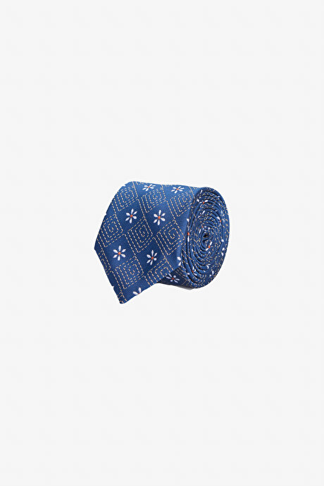 Desenli Klasik Lacivert-Turuncu Kravat resmi