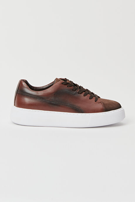 %100 Hakiki Deri Sneaker Kahverengi Ayakkabı resmi