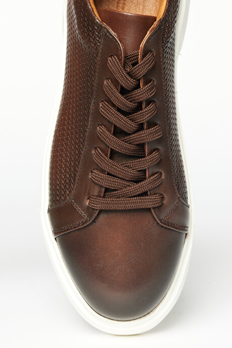 %100 Hakiki Deri Sneaker Kahverengi Ayakkabı resmi