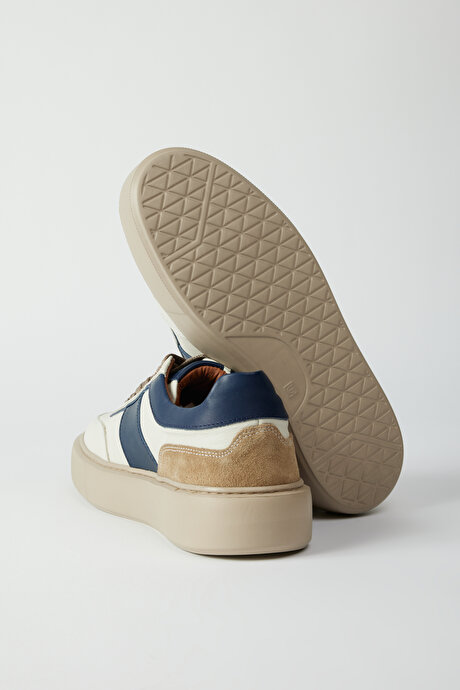 %100 Deri Sneaker Bej-Lacivert Ayakkabı resmi