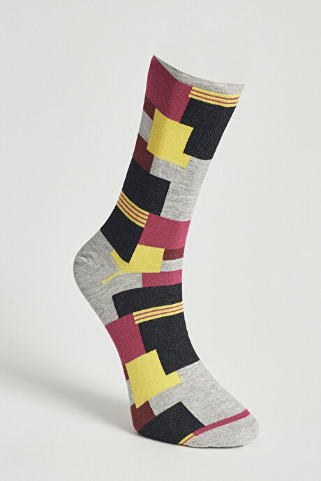 Desenli Gri-Bordo-Siyah Çorap resmi