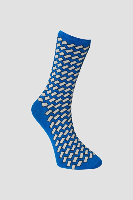 Desenli Tekli Mavi-Bej Çorap resmi