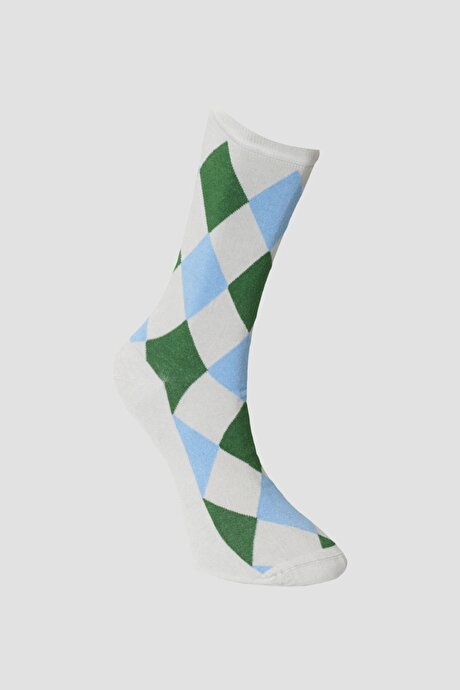 Tekli Desenli Bambulu Yeşil-Mavi-Gri Çorap resmi