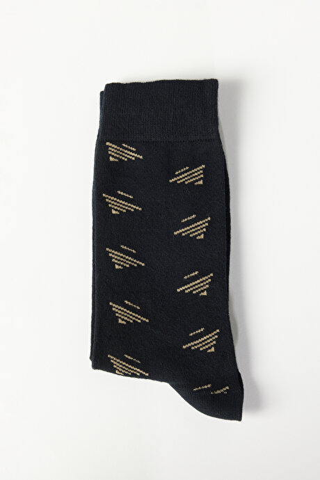 Desenli Tekli Soket Lacivert-Bej Çorap resmi
