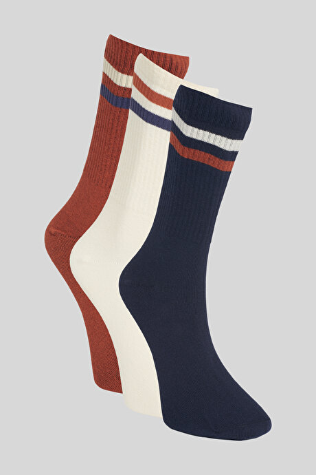Desenli 3'lü Soket Ekru Kiremit Lacivert Çorap resmi