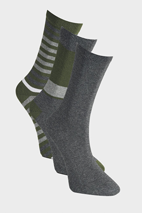 Desenli 3'lü Soket Haki-Antrasit Çorap resmi