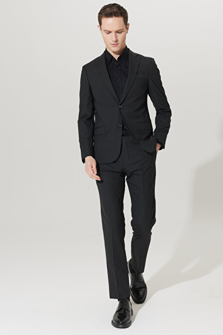Su Geçirmez Slim Fit Dar Kesim Mono Yaka Yünlü Nano Siyah Takım Elbise resmi
