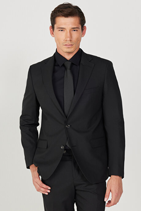 Su Geçirmez Slim Fit Dar Kesim Mono Yaka Yünlü Nano Siyah Takım Elbise resmi