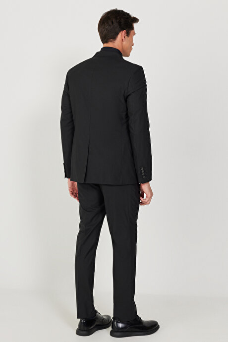 Su Geçirmez Slim Fit Dar Kesim Mono Yaka Yünlü Nano Siyah Takım Elbise resmi