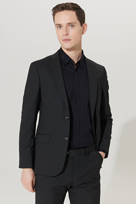 Slim Fit Dar Kesim Mono Yaka Yünlü Siyah Takım Elbise resmi