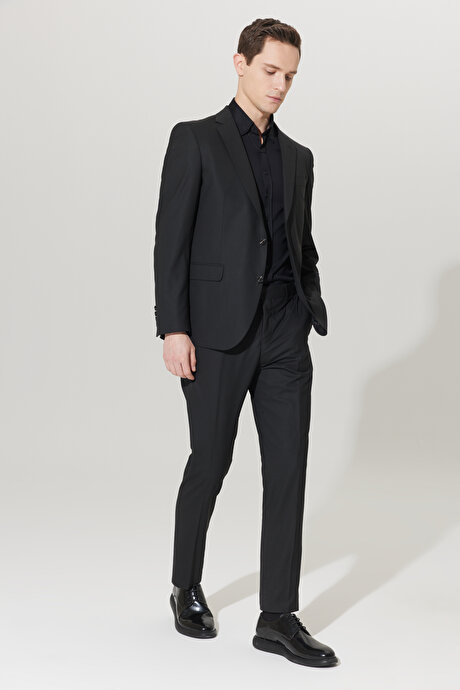 Su Geçirmez Regular Fit Geniş Kesim Mono Yaka Yünlü Nano Siyah Takım Elbise resmi