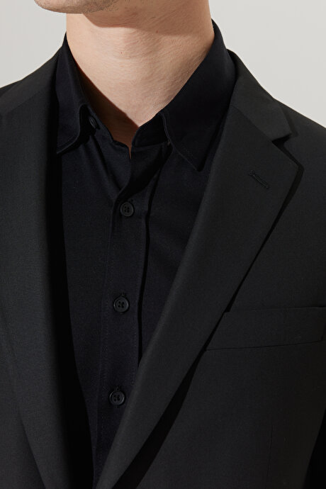 Su Geçirmez Regular Fit Rahat Kesim Mono Yaka Yünlü Nano Siyah Takım Elbise resmi