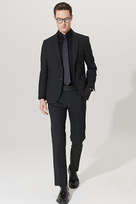 Su Geçirmez Regular Fit Geniş Kesim Mono Yaka Yünlü Nano Siyah Takım Elbise resmi