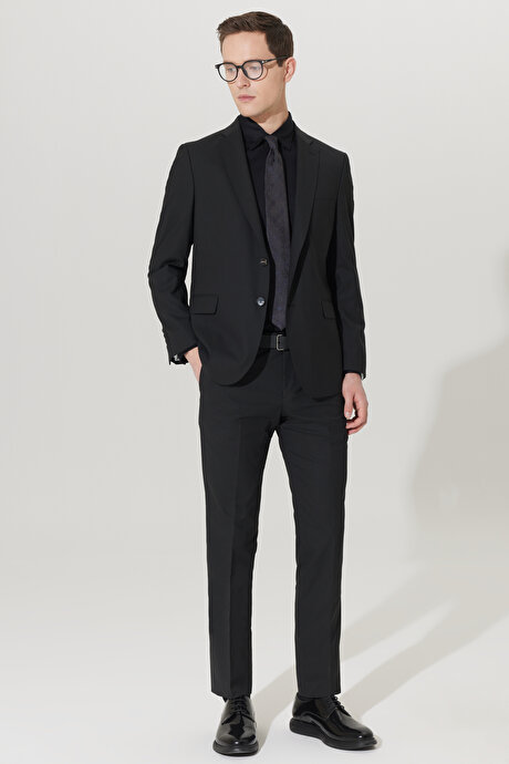 Su Geçirmez Regular Fit Geniş Kesim Mono Yaka Yünlü Nano Siyah Takım Elbise resmi