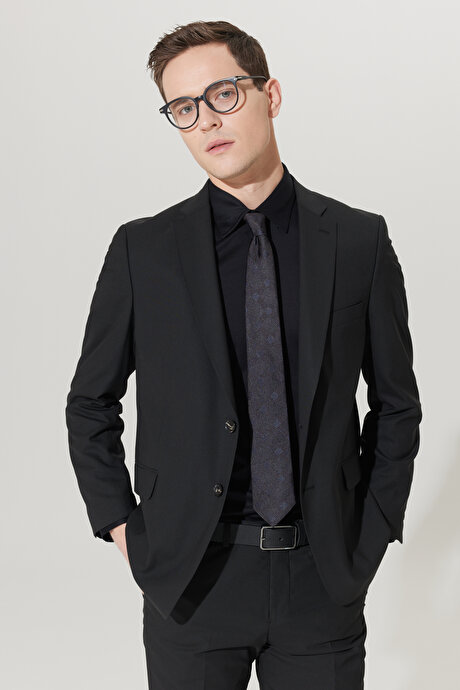 Su Geçirmez Regular Fit Geniş Kesim Mono Yaka Yünlü Nano Siyah Takım Elbise resmi