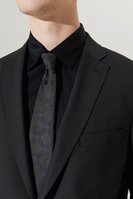 Su Geçirmez Kırışmaz Regular Fit Rahat Kesim Mono Yaka Yünlü Siyah Takım Elbise resmi