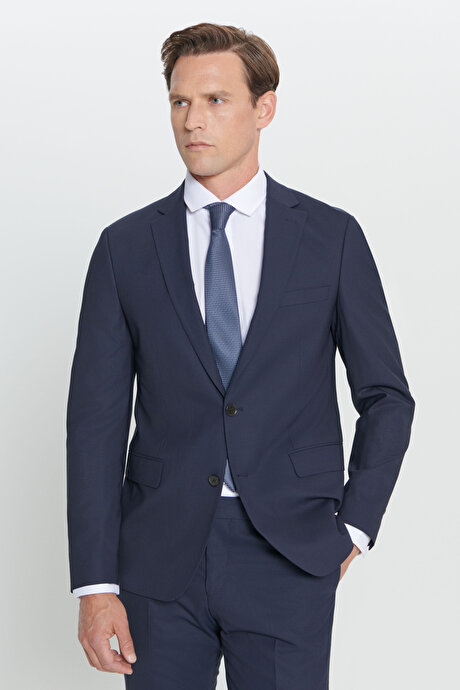 Su Geçirmez Slim Fit Dar Kesim Yünlü Nano Lacivert Takım Elbise resmi