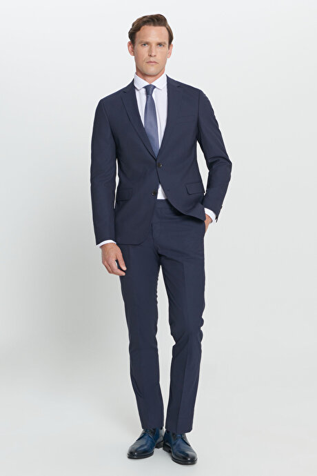 Su Geçirmez Slim Fit Dar Kesim Yünlü Nano Lacivert Takım Elbise resmi