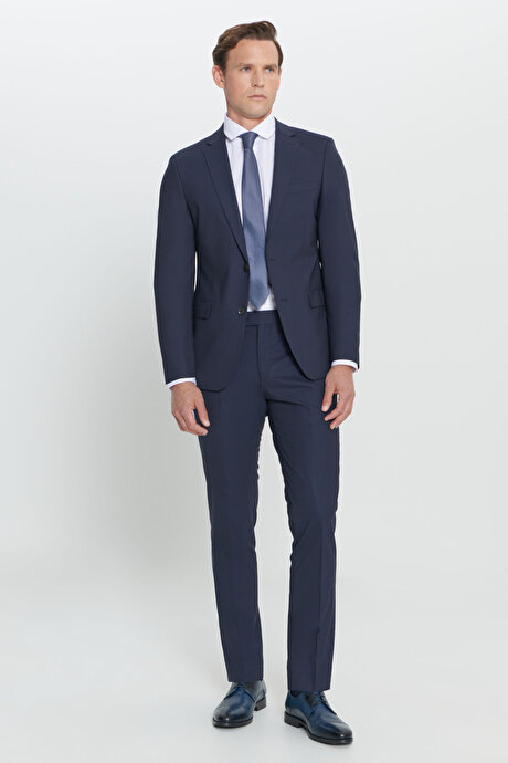 Su Geçirmez Slim Fit Dar Kesim Yünlü Nano Lacivert Takım Elbise resmi