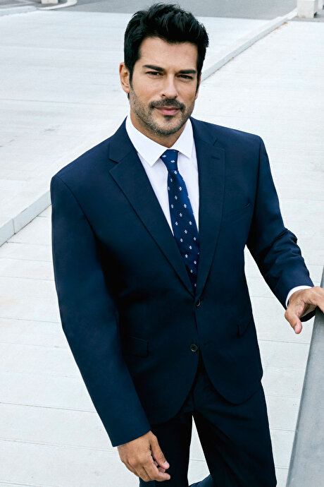 Su Geçirmez Slim Fit Dar Kesim Yünlü Nano Lacivert Takım Elbise resmi