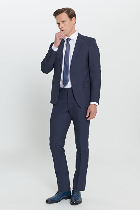 Su Geçirmez Slim Fit Dar Kesim Yünlü Nano Lacivert Takım Elbise resmi