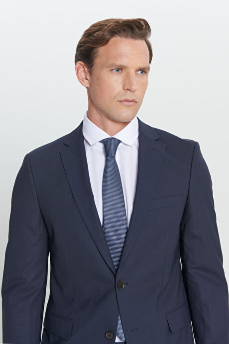 Su Geçirmez Slim Fit Dar Kesim Yünlü Nano Lacivert Takım Elbise resmi