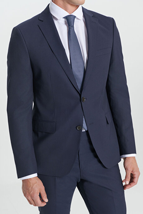 Su Geçirmez Slim Fit Dar Kesim Yünlü Nano Lacivert Takım Elbise resmi