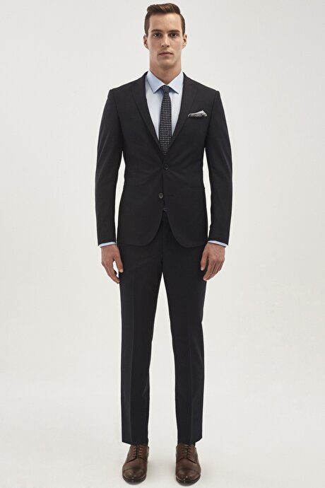 Su Geçirmez Ekstra Slim Fit Kırlangıç Yaka Yünlü Nano Lacivert Takım Elbise resmi