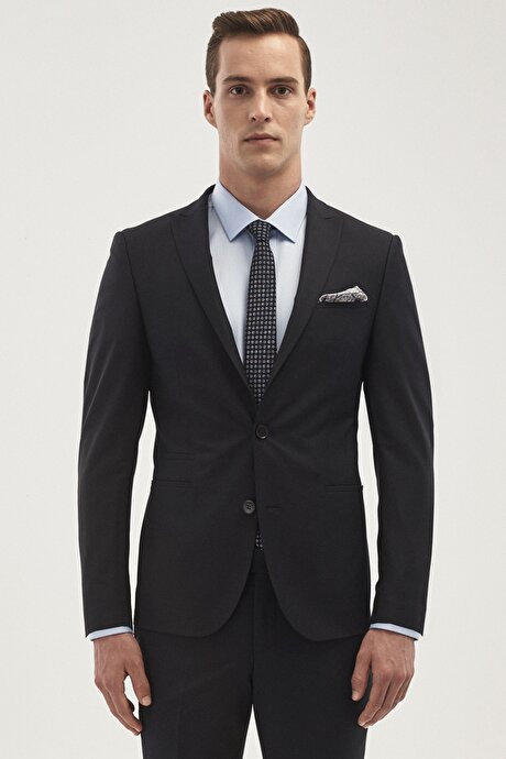 Su Geçirmez Ekstra Slim Fit Kırlangıç Yaka Yünlü Nano Lacivert Takım Elbise resmi