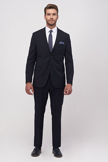 Slim Fit Dar Kesim Mono Yaka Su Geçirmez Nano Lacivert Takım Elbise resmi