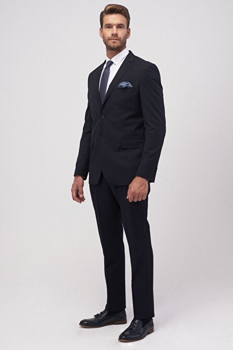 Slim Fit Dar Kesim Mono Yaka Su Geçirmez Nano Lacivert Takım Elbise resmi