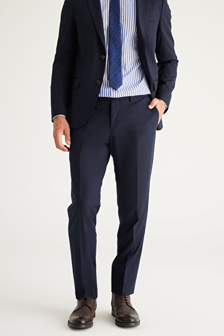 Slim Fit Dar Kesim Mono Yaka Lacivert Takım Elbise resmi