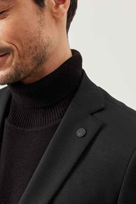 Slim Fit Dar Kesim Mono Yaka Örme Siyah Takım Elbise resmi