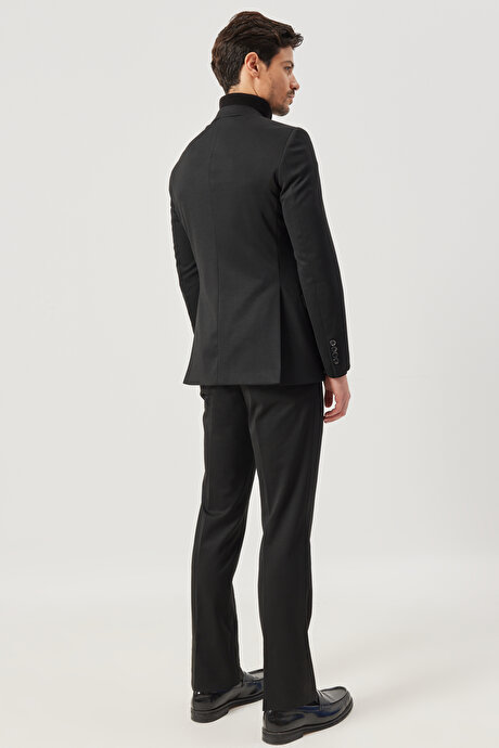 Slim Fit Dar Kesim Mono Yaka Örme Siyah Takım Elbise resmi