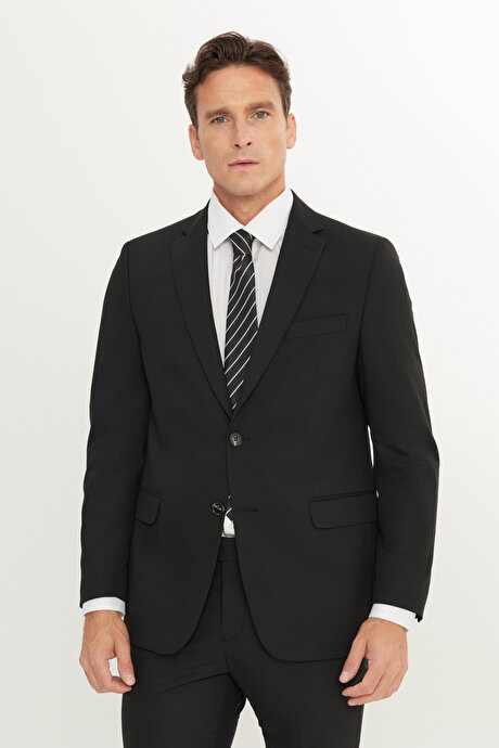 Su Geçirmez Slim Fit Dar Kesim Mono Yaka Yünlü Nano Siyah Takım Elbise resmi