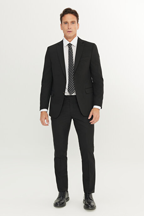 Su Geçirmez Slim Fit Dar Kesim Mono Yaka Yünlü Nano Siyah Takım Elbise resmi