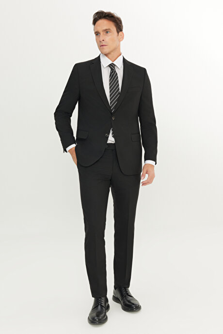 Su Geçirmez Slim Fit Dar Kesim Mono Yaka Yünlü Nano Siyah Takım Elbise resmi