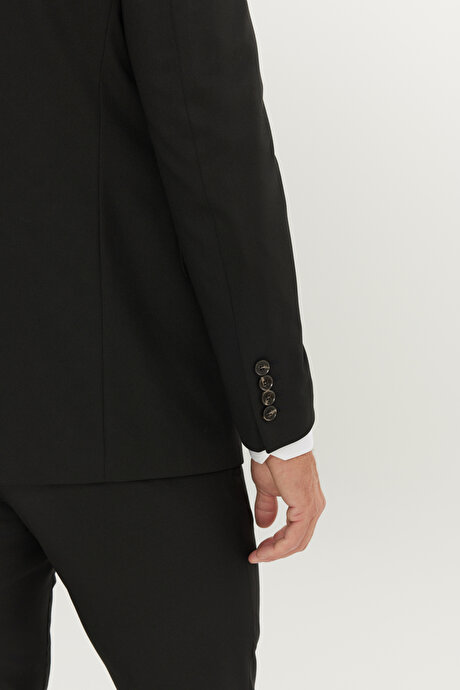 Su Geçirmez Slim Fit Dar Kesim Mono Yaka Yünlü Nano Siyah Takım Elbise resmi