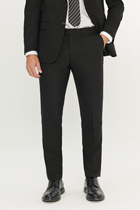 Su Geçirmez Slim Fit Dar Kesim Mono Yaka Yünlü Nano Siyah Takım Elbise resmi
