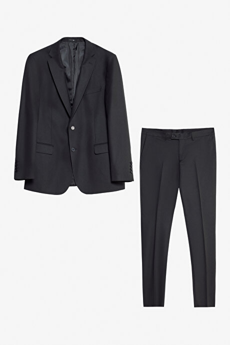 Slim Fit Dar Kesim Mono Yaka Kapak Cepli Siyah Takım Elbise resmi