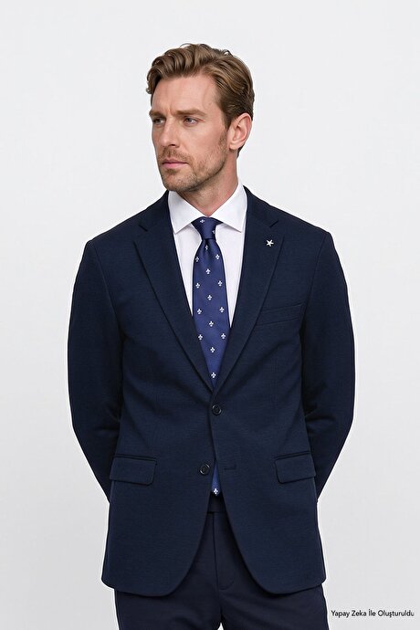 Slim Fit Dar Kesim Mono Yaka Kapak Cepli Esnek Lacivert Takım Elbise resmi