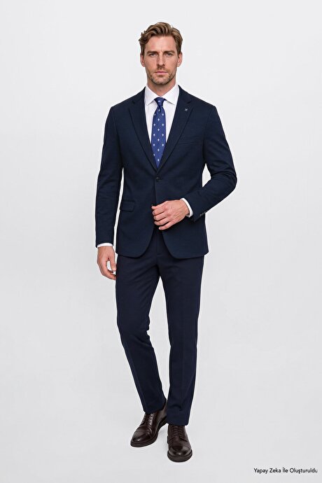 Slim Fit Dar Kesim Mono Yaka Kapak Cepli Esnek Lacivert Takım Elbise resmi