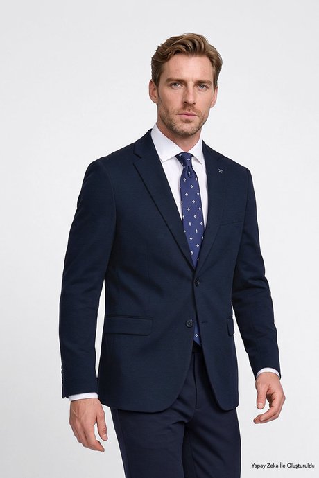 Slim Fit Dar Kesim Mono Yaka Kapak Cepli Esnek Lacivert Takım Elbise resmi