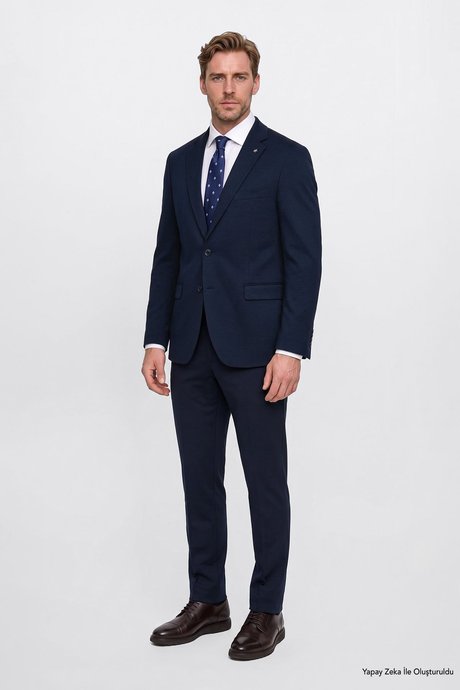 Slim Fit Dar Kesim Mono Yaka Kapak Cepli Esnek Lacivert Takım Elbise resmi