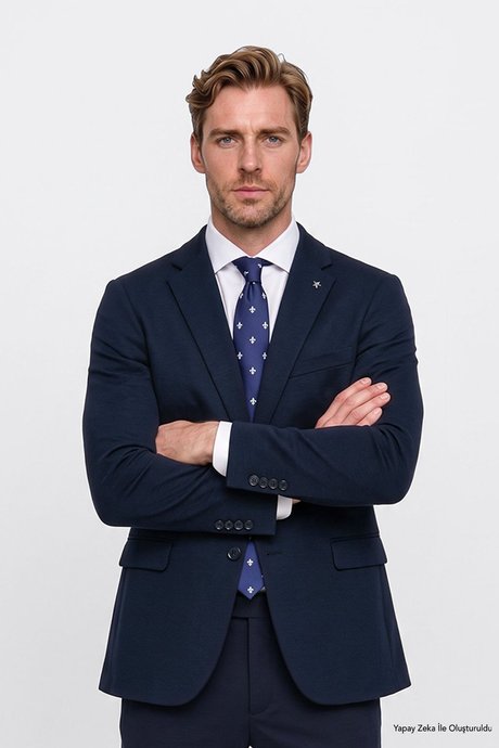 Slim Fit Dar Kesim Mono Yaka Kapak Cepli Esnek Lacivert Takım Elbise resmi