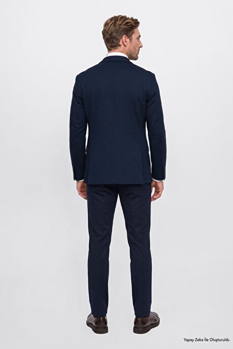 Slim Fit Dar Kesim Mono Yaka Kapak Cepli Esnek Lacivert Takım Elbise resmi