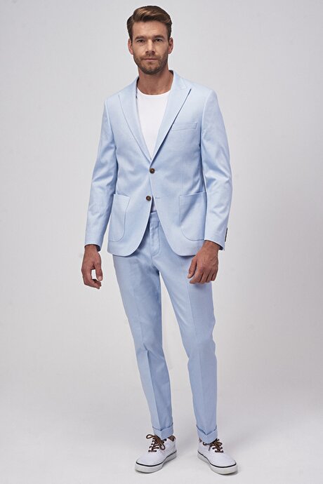 Ekstra Slim Fit Dar Kesim %100 Pamuk Kırlangıç Yaka Mavi Takım Elbise resmi